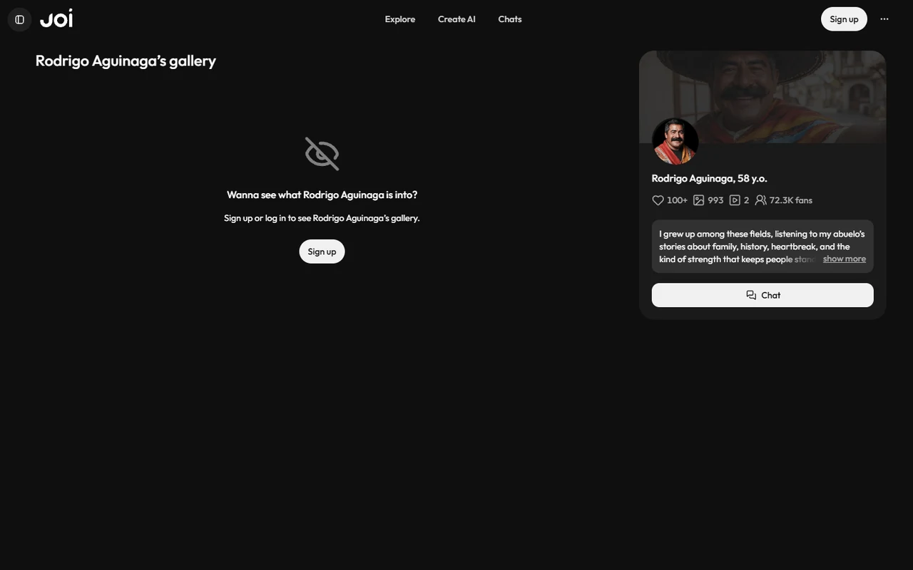 Public Joi AI profile screen for adult character Rodrigo Aguinaga